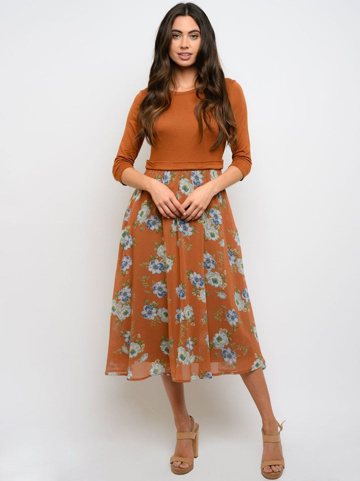 WOMEN'S 3/4 SLEEVE FLORAL CONTRAST MIDI DRESS