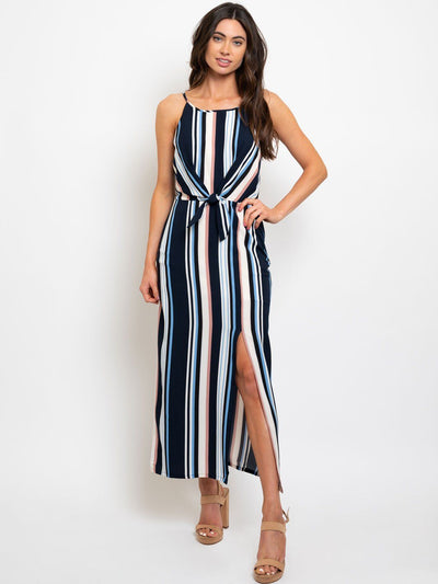 WOMEN'S FRONT TIE DETAIL STRIPES MAXI DRESS