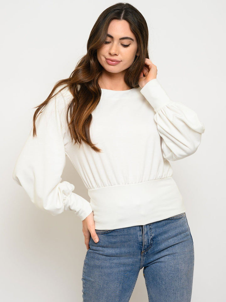 WOMEN'S BOAT NECK PUFF LONG SLEEVE TOP