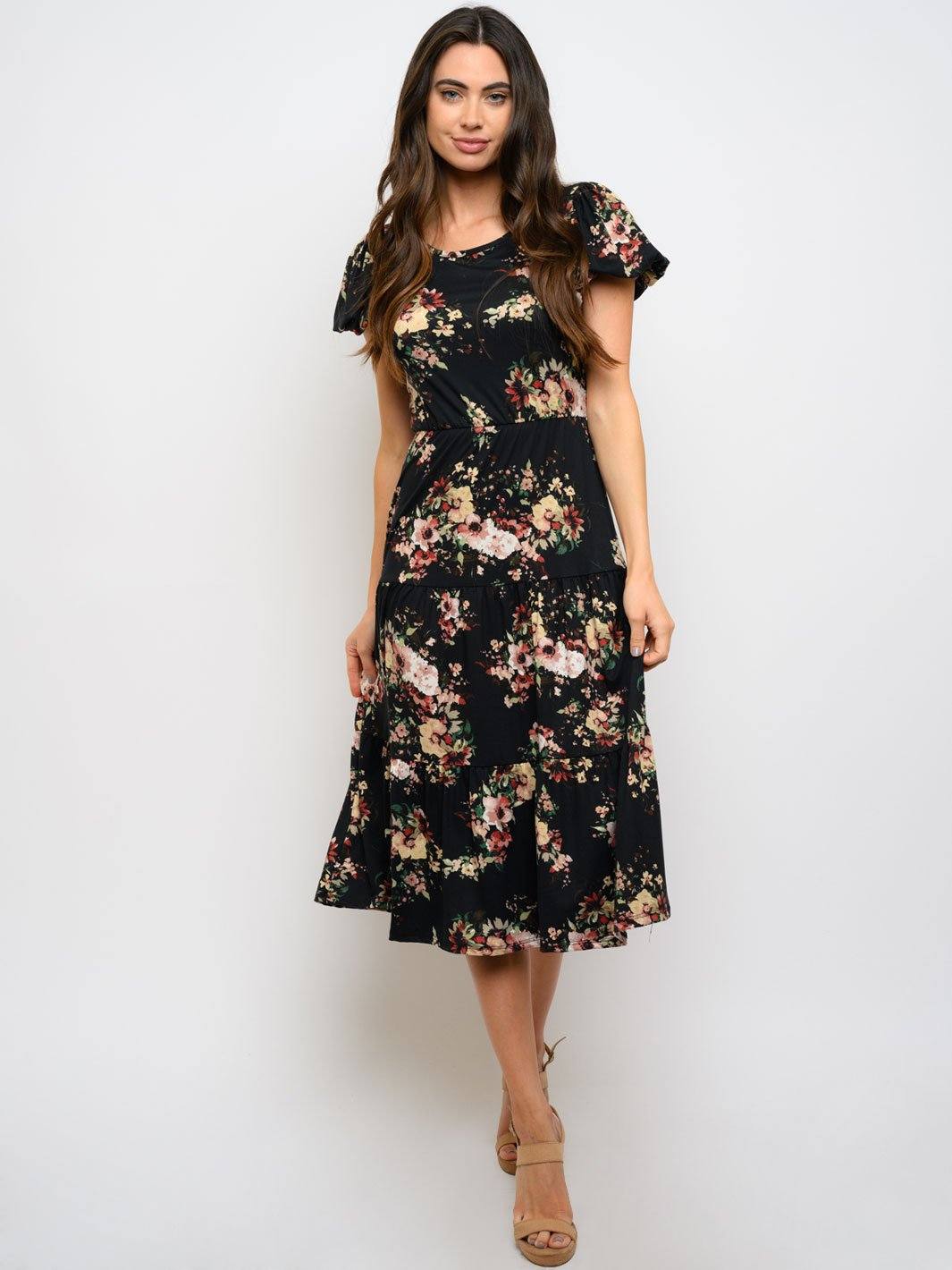 WOMEN'S SHORT PUFF SLEEVE FLORAL MIDI DRESS