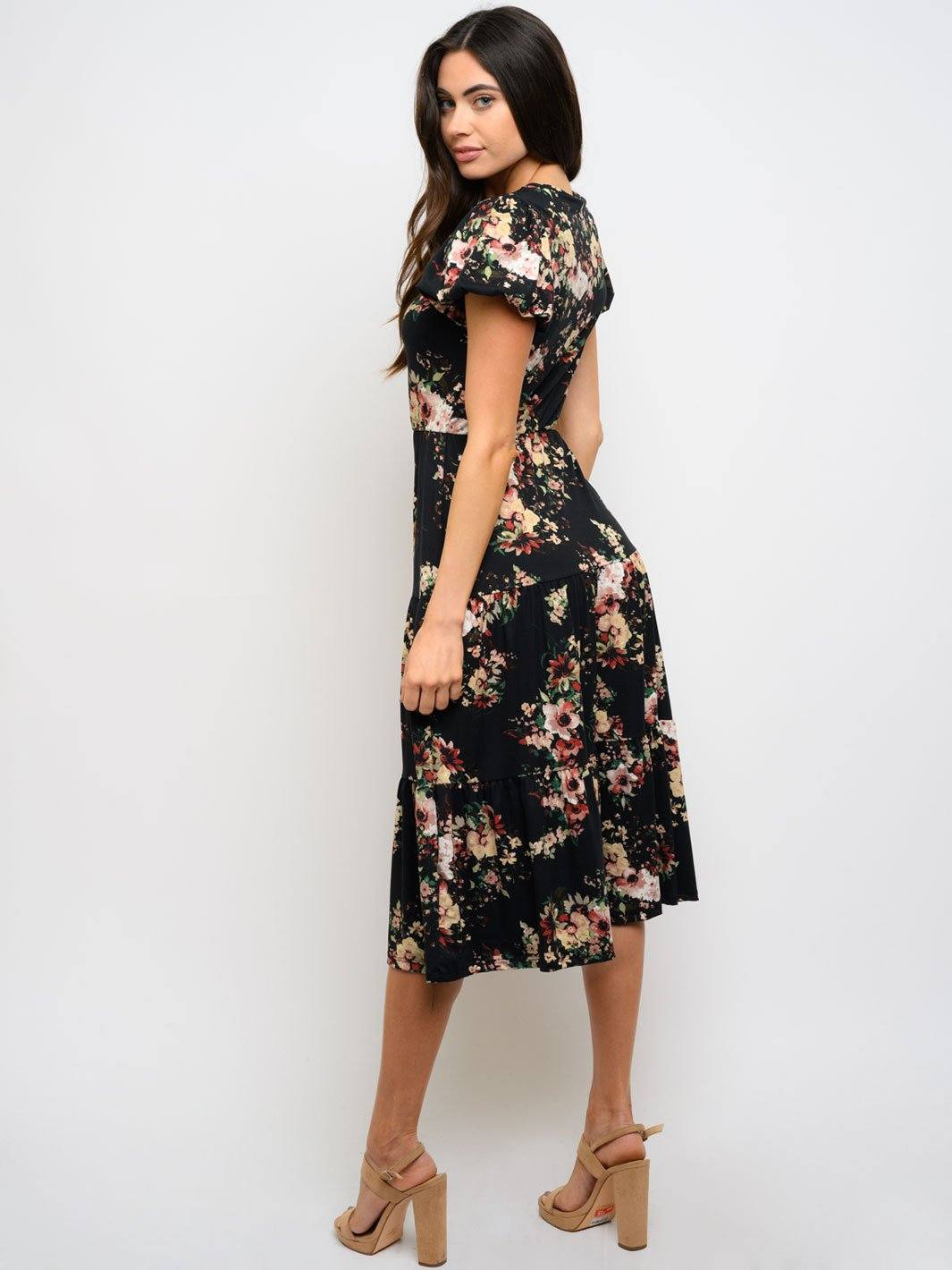 WOMEN'S SHORT PUFF SLEEVE FLORAL MIDI DRESS