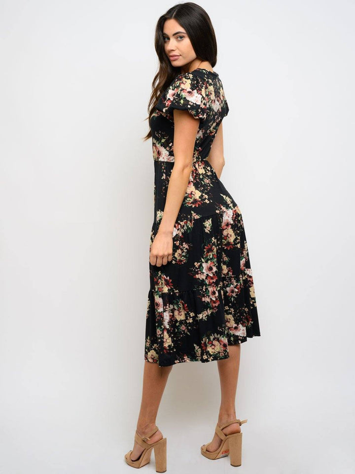 WOMEN'S SHORT PUFF SLEEVE FLORAL MIDI DRESS