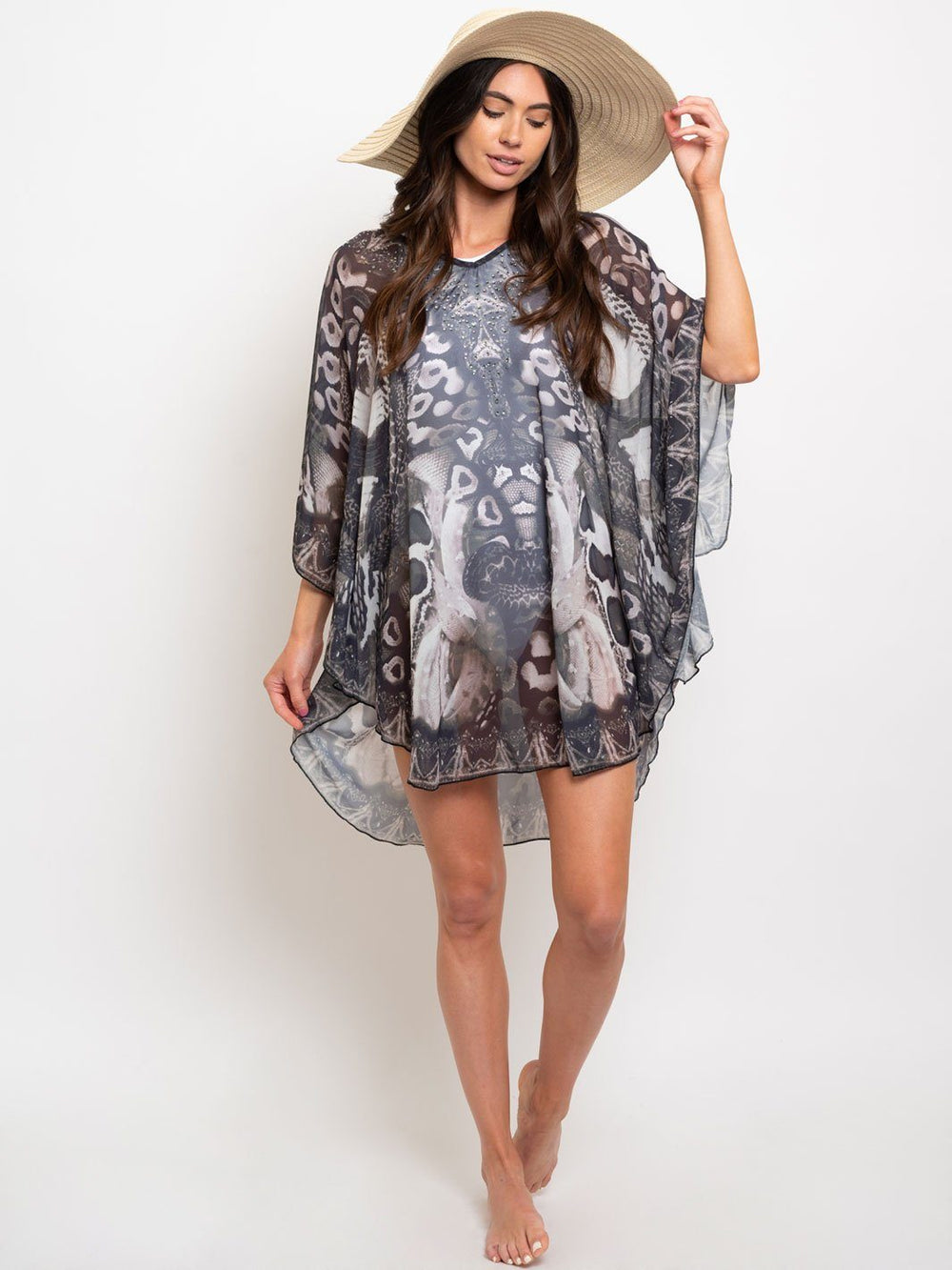 WOMEN'S BLACK BROWN RHIMESTONES TUNIC TOP