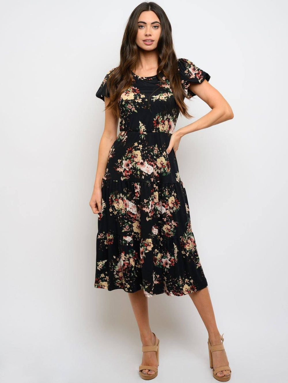 WOMEN'S SHORT PUFF SLEEVE FLORAL MIDI DRESS