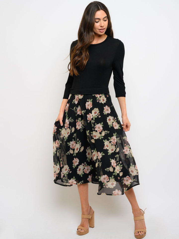 WOMEN'S 3/4 SLEEVE FLORAL CONTRAST MIDI DRESS