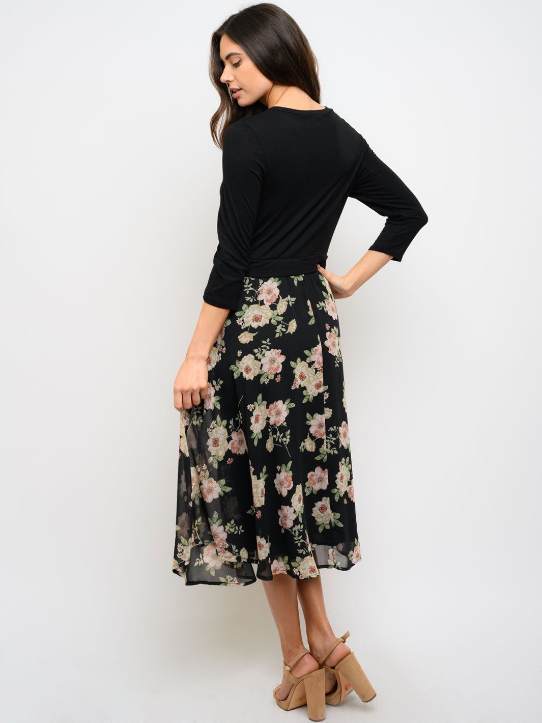 WOMEN'S 3/4 SLEEVE FLORAL CONTRAST MIDI DRESS