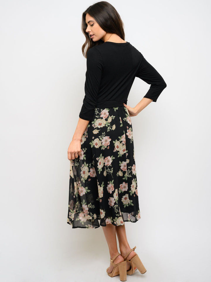 WOMEN'S 3/4 SLEEVE FLORAL CONTRAST MIDI DRESS