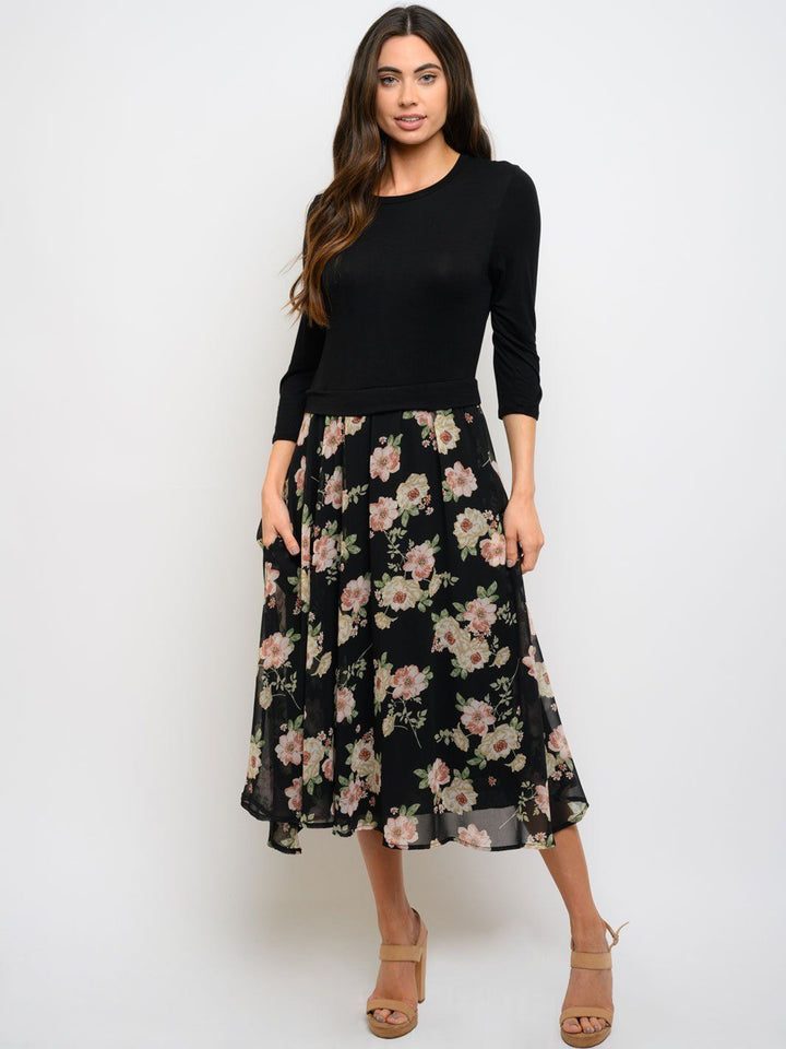 WOMEN'S 3/4 SLEEVE FLORAL CONTRAST MIDI DRESS