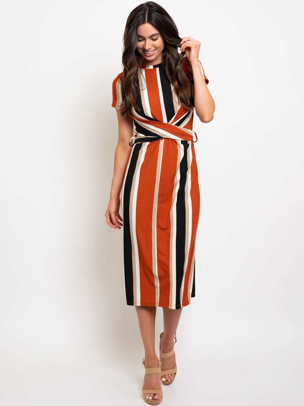 WOMEN'S STRIPES BACK TIE DETAIL MIDI DRESS