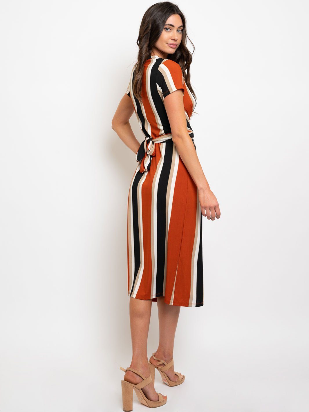 WOMEN'S STRIPES BACK TIE DETAIL MIDI DRESS