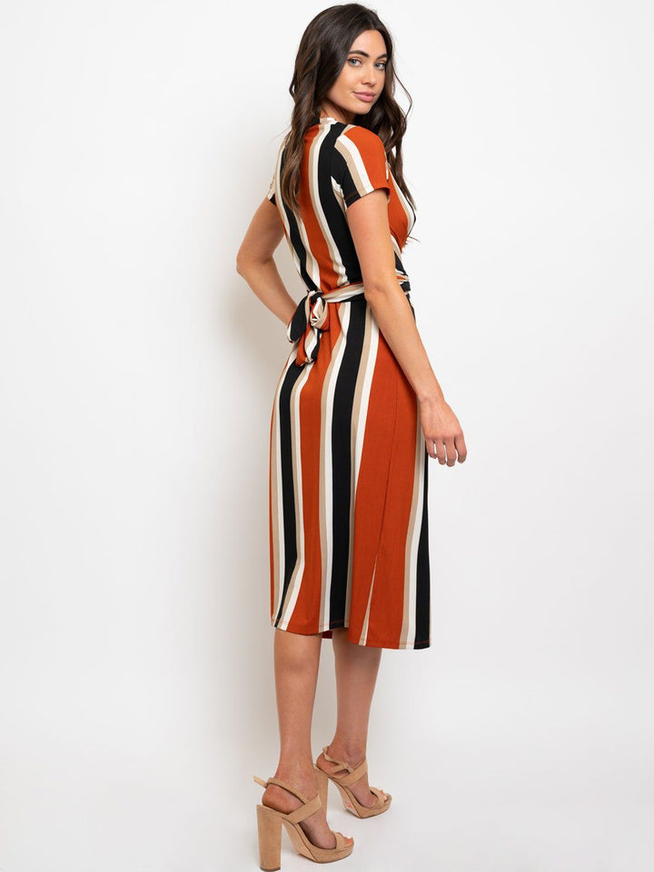 WOMEN'S STRIPES BACK TIE DETAIL MIDI DRESS