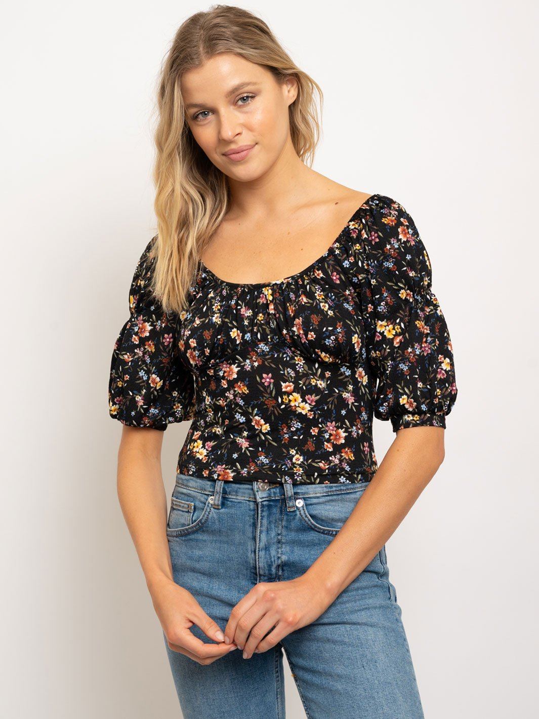 WOMEN'S EMPIRE BUST PUFFED SLEEVES FLORAL TOP