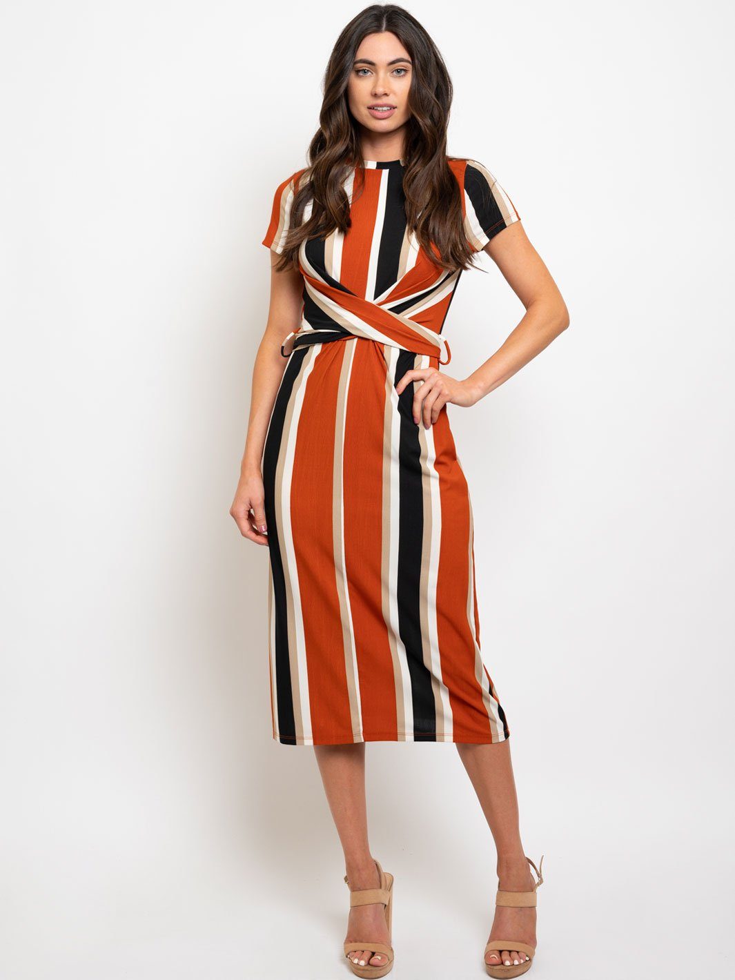 WOMEN'S STRIPES BACK TIE DETAIL MIDI DRESS