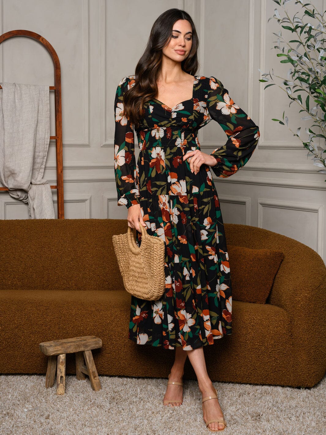 WOMEN'S LONG SLEEVE FLORAL SMOCK TIERED MAXI DRESS