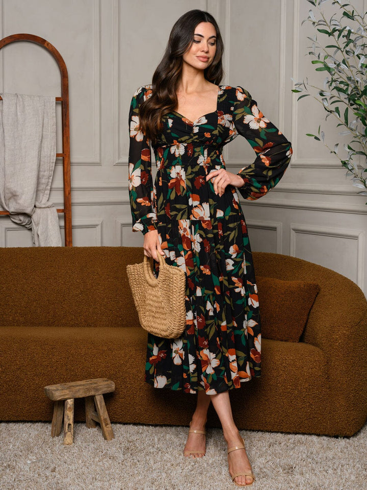 WOMEN'S LONG SLEEVE FLORAL SMOCK TIERED MAXI DRESS