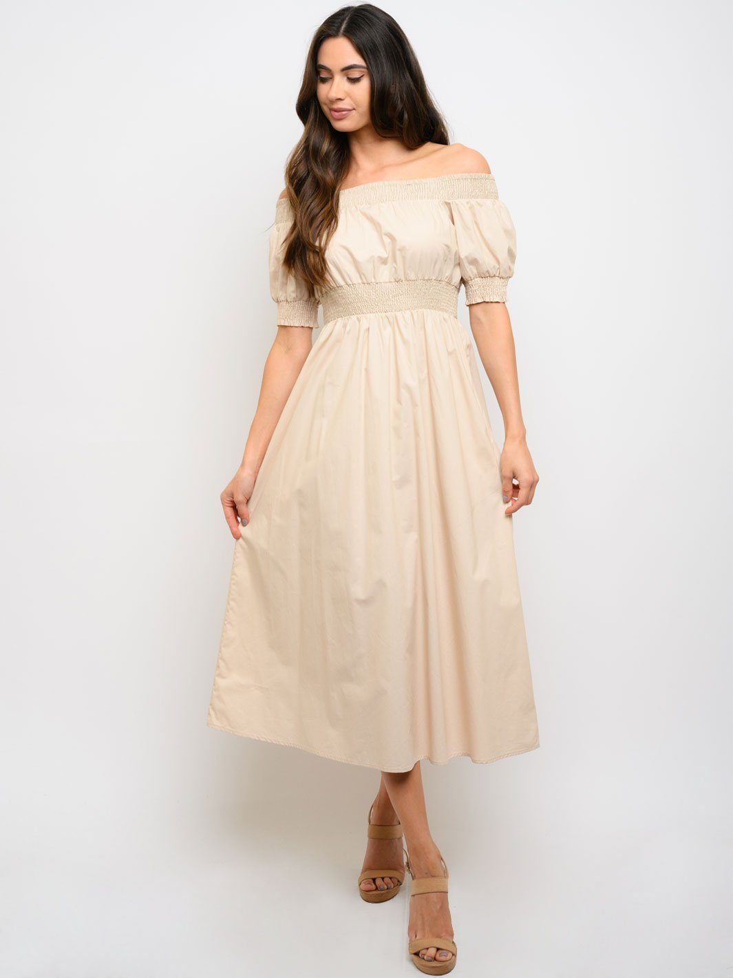 WOMEN'S SMOCKING OFF SHOULDER MAXI DRESS