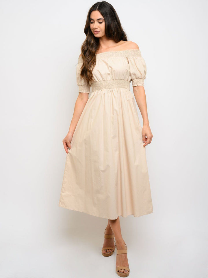 WOMEN'S SMOCKING OFF SHOULDER MAXI DRESS