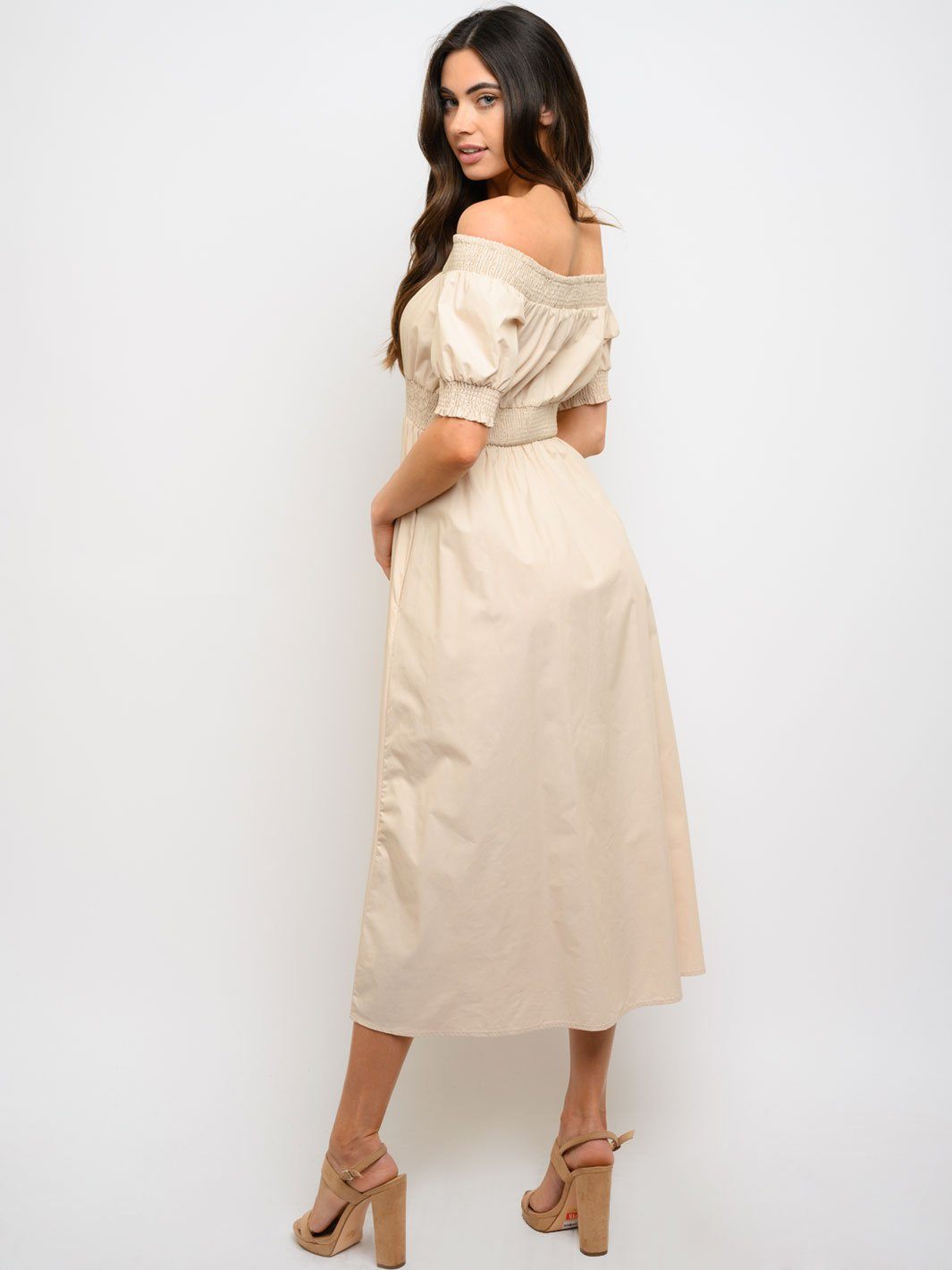WOMEN'S SMOCKING OFF SHOULDER MAXI DRESS
