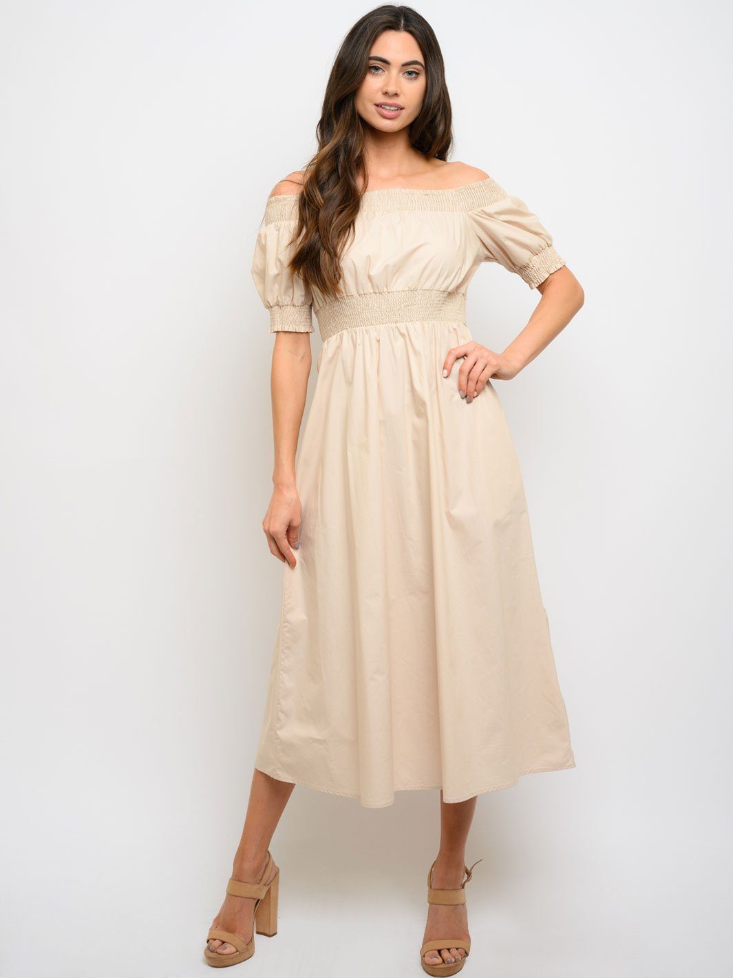 WOMEN'S SMOCKING OFF SHOULDER MAXI DRESS