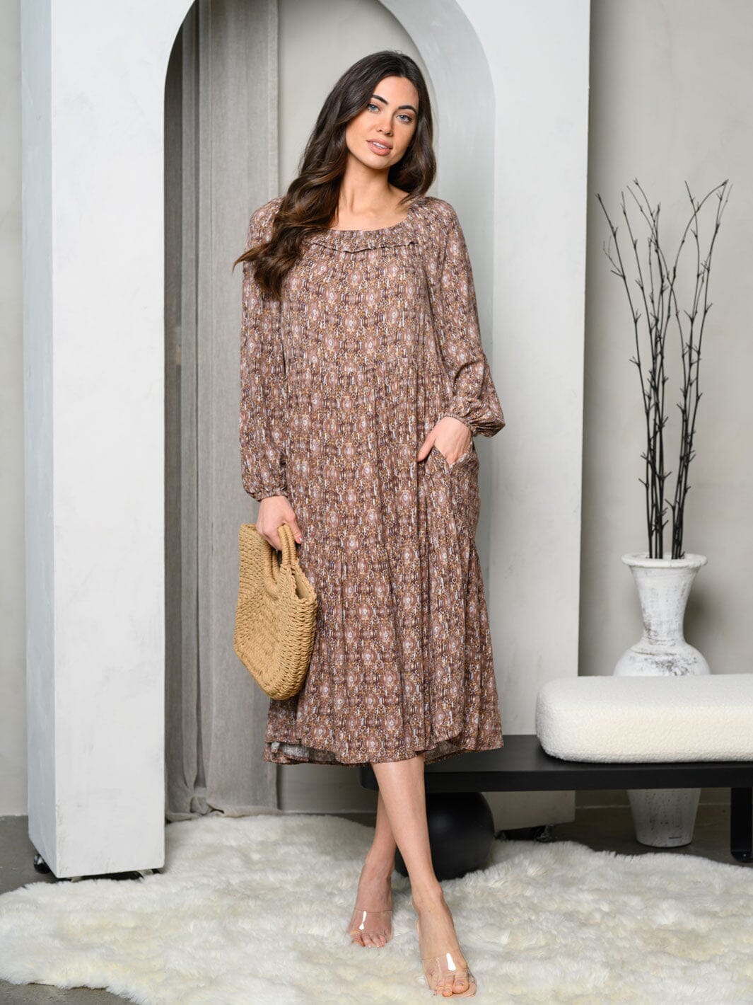 WOMEN'S LONG SLEEVE SQUARE NECK POCKETS PRINT MIDI DRESS