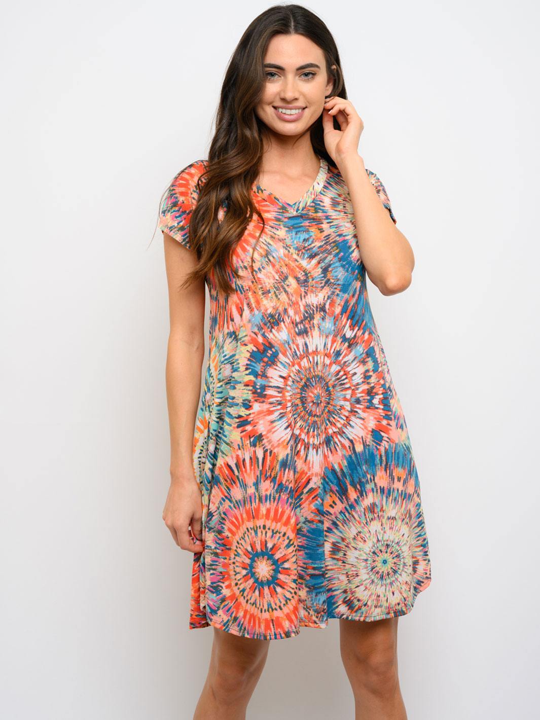 WOMEN'S V-NECK MULTI PRINT POCKETS MINI DRESS