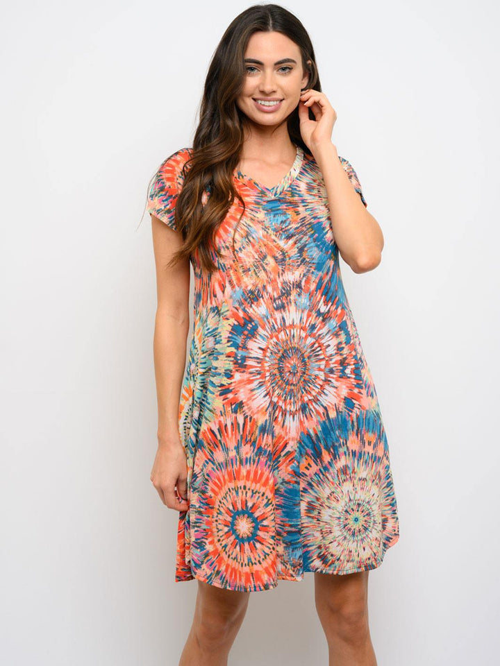 WOMEN'S V-NECK MULTI PRINT POCKETS MINI DRESS