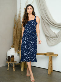 WOMEN'S RUFFLE BUTTON UP POLKA DOT MIDI DRESS