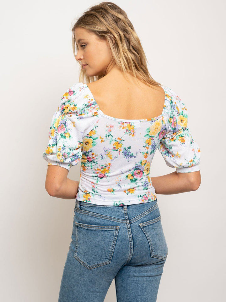 WOMEN'S EMPIRE BUST PUFFED SLEEVES FLORAL TOP