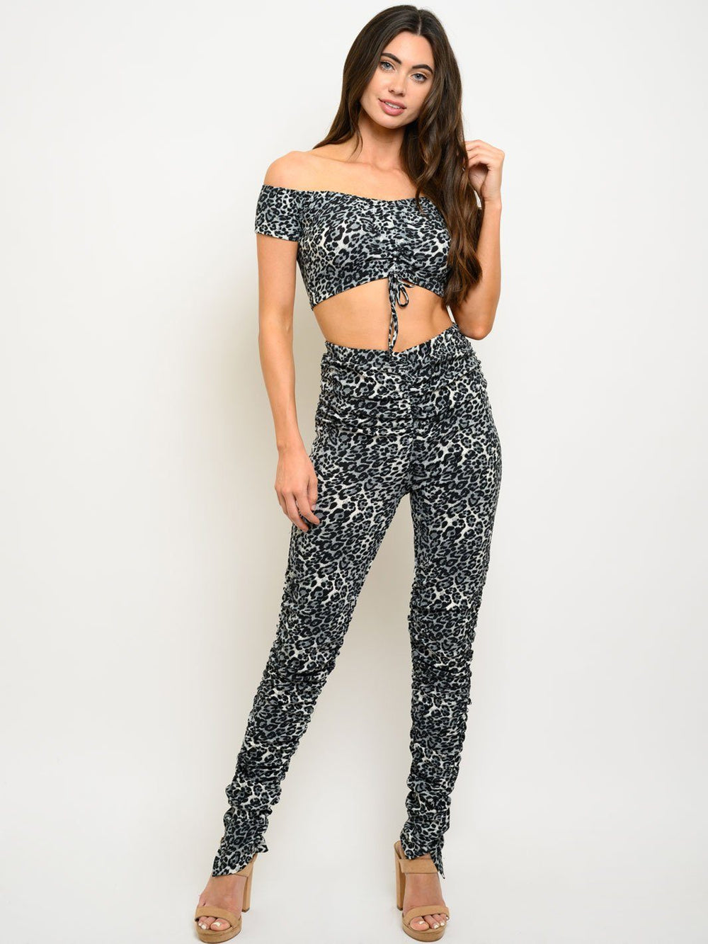 WOMEN'S LEOPARD OFF SHOULDER RUCHED 2PC. SET