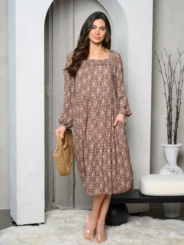 WOMEN'S LONG SLEEVE SQUARE NECK POCKETS PRINT MIDI DRESS