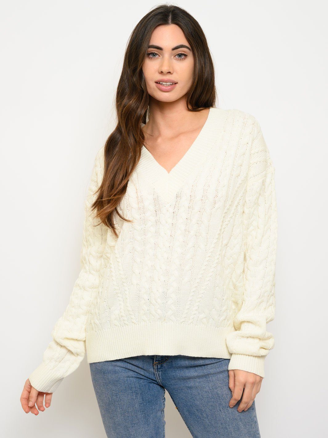 WOMEN'S LONG SLEEVE CABLE KNIT V-NECK SWEATER