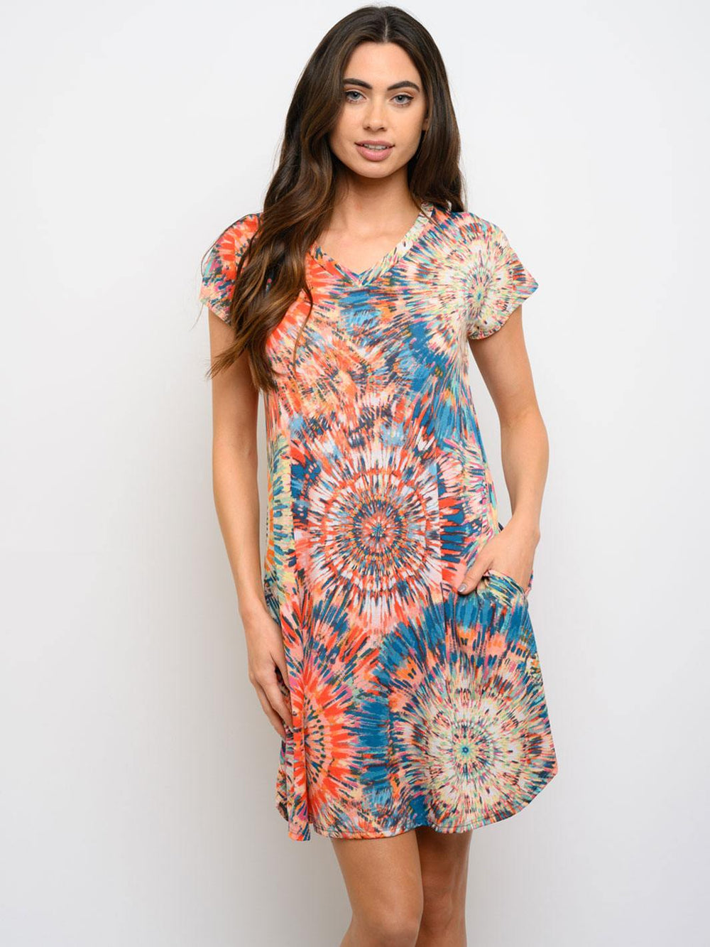 WOMEN'S V-NECK MULTI PRINT POCKETS MINI DRESS