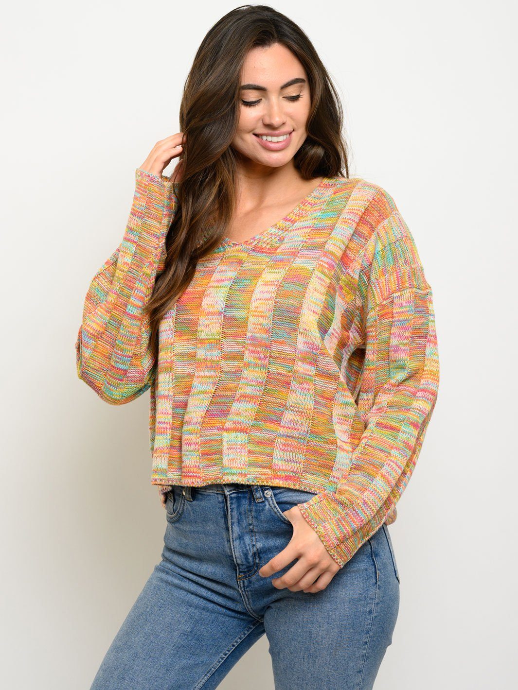 WOMEN'S MULTI COLOR V-NECK SWEATER