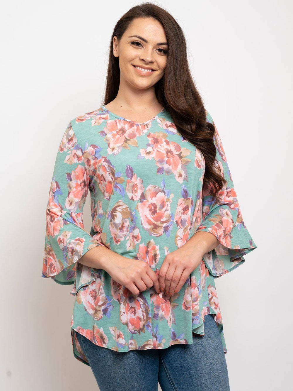 PLUS SIZE FLORAL RUFFLE SLEEVES TOP