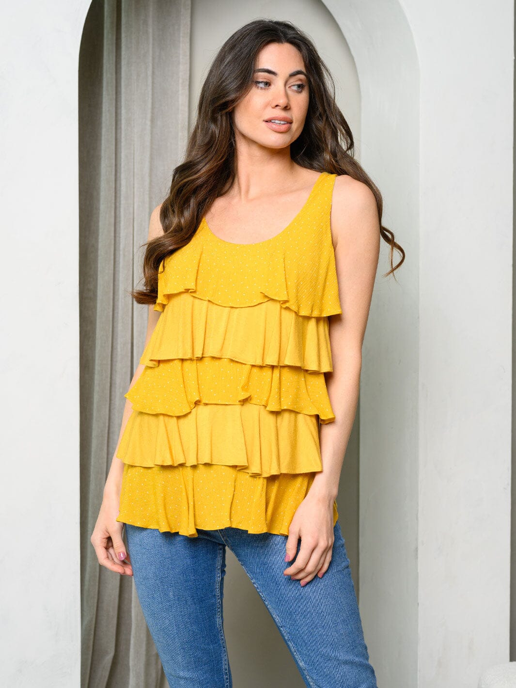 WOMEN'S SLEEVELESS TIERED RUFFLE POLKA DOTS TANK TOP