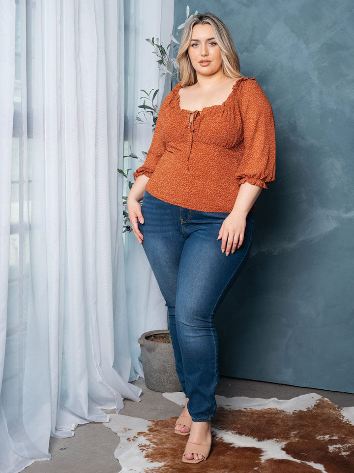 PLUS SIZE 3/4 SLEEVE SMOCK SQUARE NECK FLORAL TOP