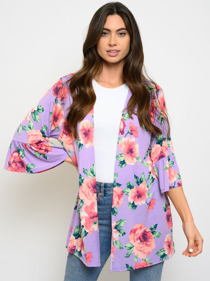 WOMEN'S RUFFLE 3/4 SLEEVE FLORAL OPEN CARDIGAN