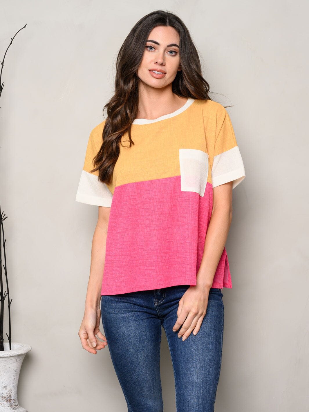WOMEN'S SHORT SLEEVE FRONT POCKET COLORBLOCK TOP