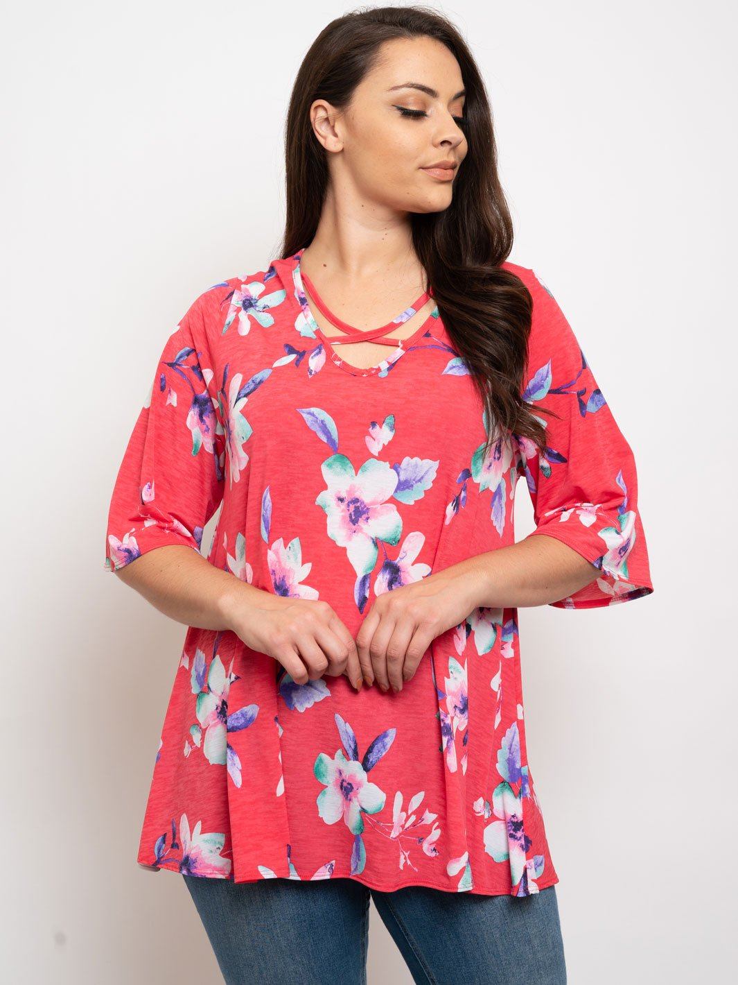 PLUS SIZE FLORAL FRONT LACE UP TUNIC TOP