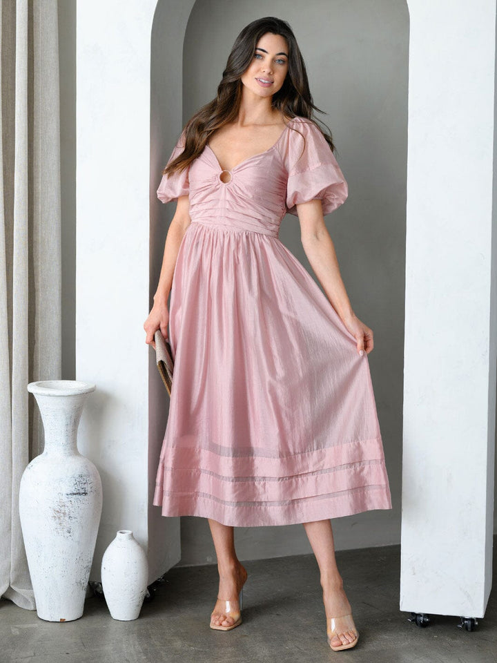 WOMEN'S SHORT PUFF SLEEVE SMOCK MIDI DRESS