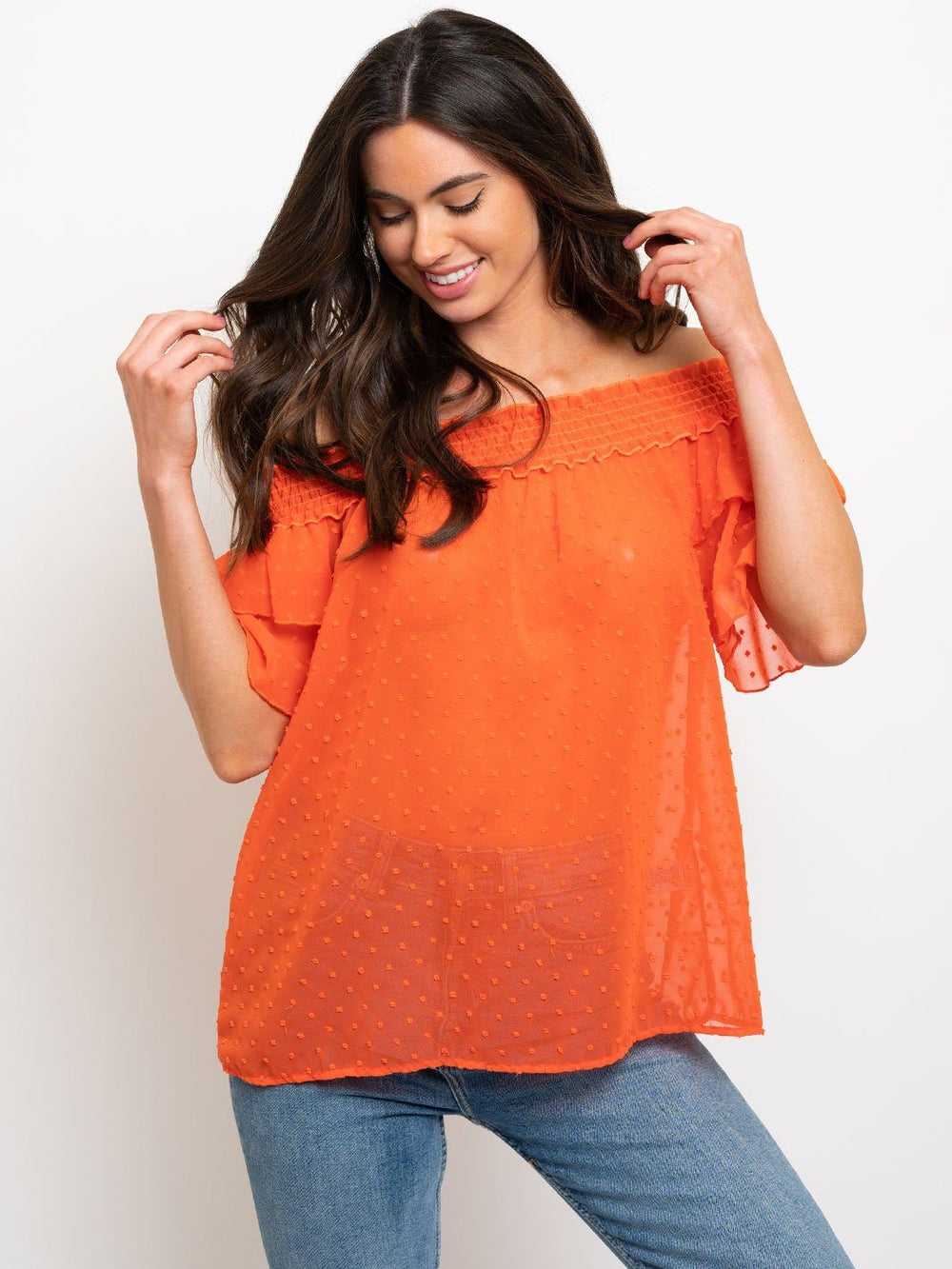 WOMEN'S OFF SHOULDER SWISS DOTS TOP