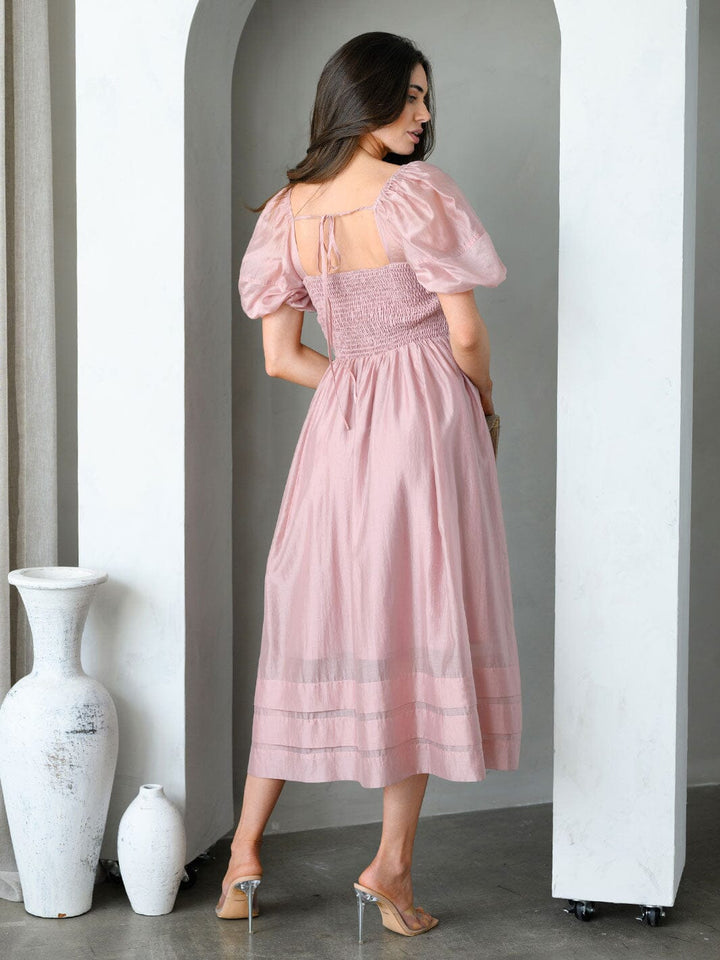 WOMEN'S SHORT PUFF SLEEVE SMOCK MIDI DRESS