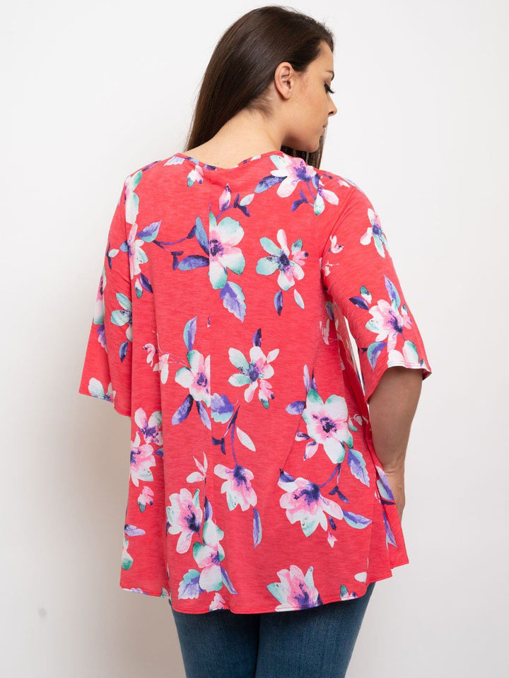 PLUS SIZE FLORAL FRONT LACE UP TUNIC TOP