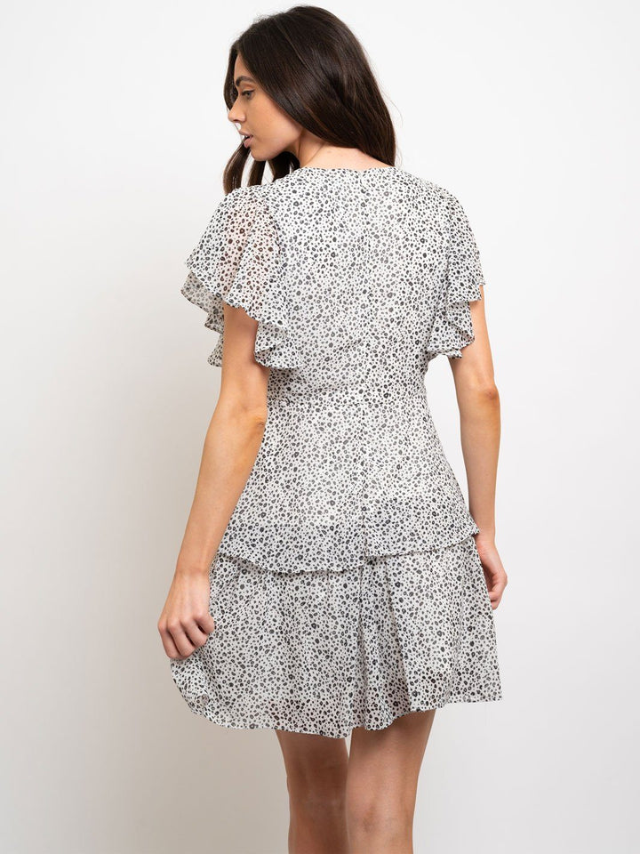 WOMEN'S SHORT FLOUNCE SLEEVE TIERED PRINTED MIDI DRESS