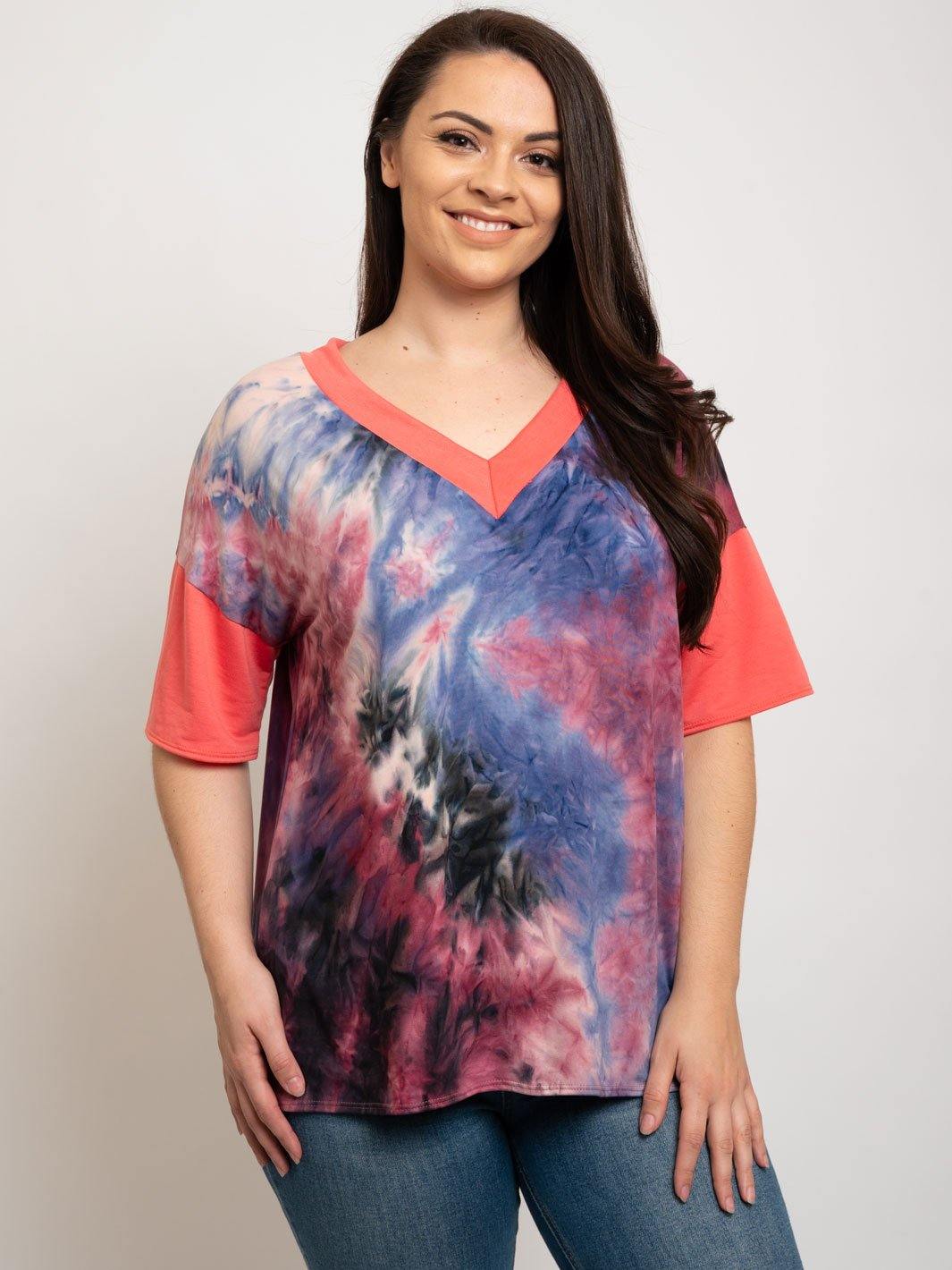 PLUS SIZE TIE DYE V-NECK TOP