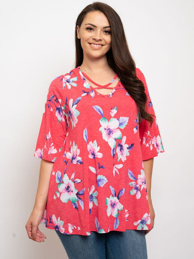 PLUS SIZE FLORAL FRONT LACE UP TUNIC TOP