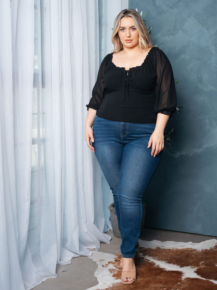 PLUS SIZE 3/4 SLEEVE SMOCK FRONT TIE TOP