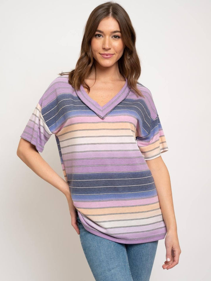 WOMEN'S MULTI STRIPES V-NECK TOP