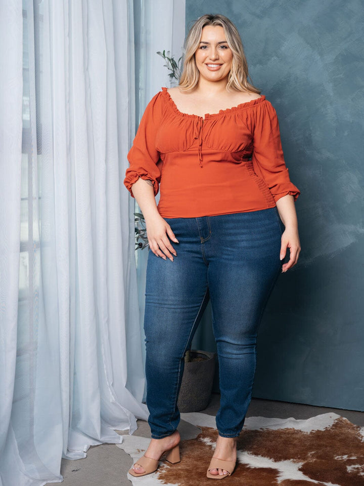 PLUS SIZE 3/4 SLEEVE SMOCK FRONT TIE TOP