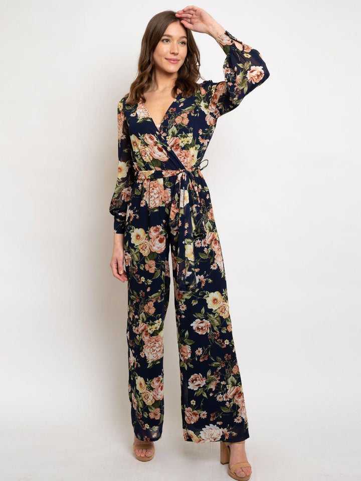 WOMEN'S LONG SLEEVE FLORAL FRONT TIE JUMPSUIT